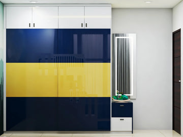 Colourful Straight Sliding Door Wardrobe Design with Loft Storage